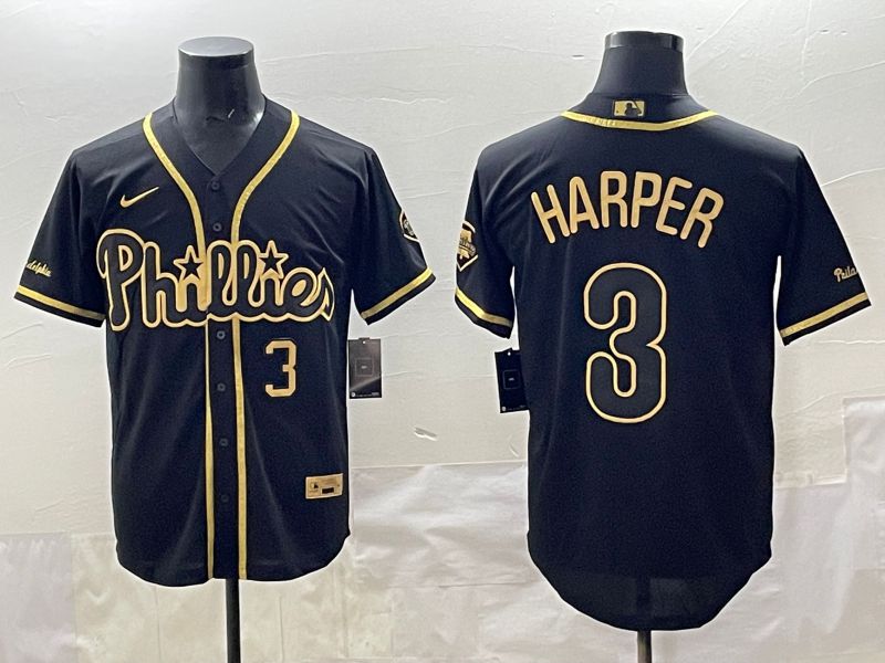 Men 2025 Philadelphia Phillies #3 Harper Black Gold Throwback Nike MLB Jersey style 002